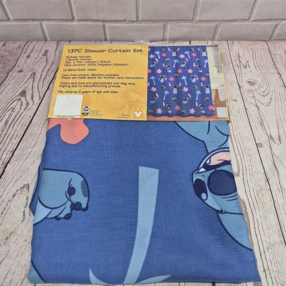 Disney Stitch Shower Curtain Set 72 In X 72 In  -‎ 12 Metal Roller Hooks, New